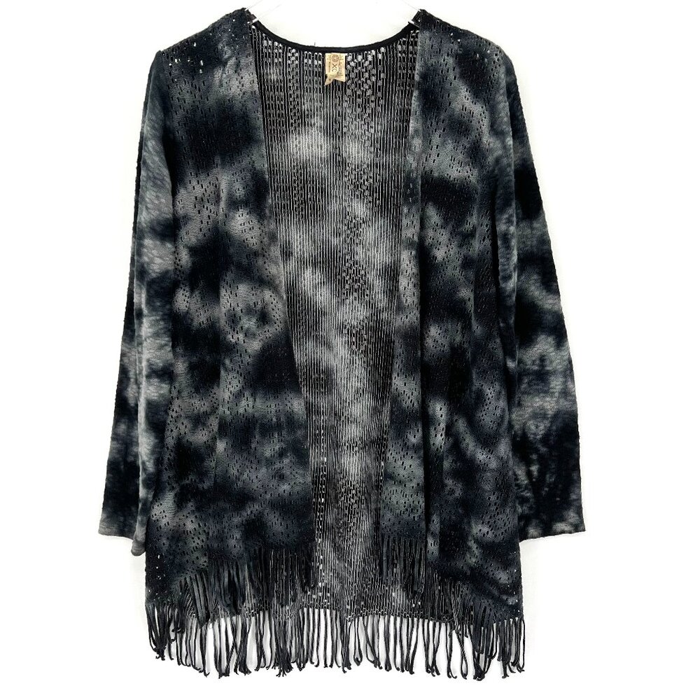 XCVI Tie-Dye Open Front Knit Cardigan Size Medium Crochet Boho Fringe Gray‎